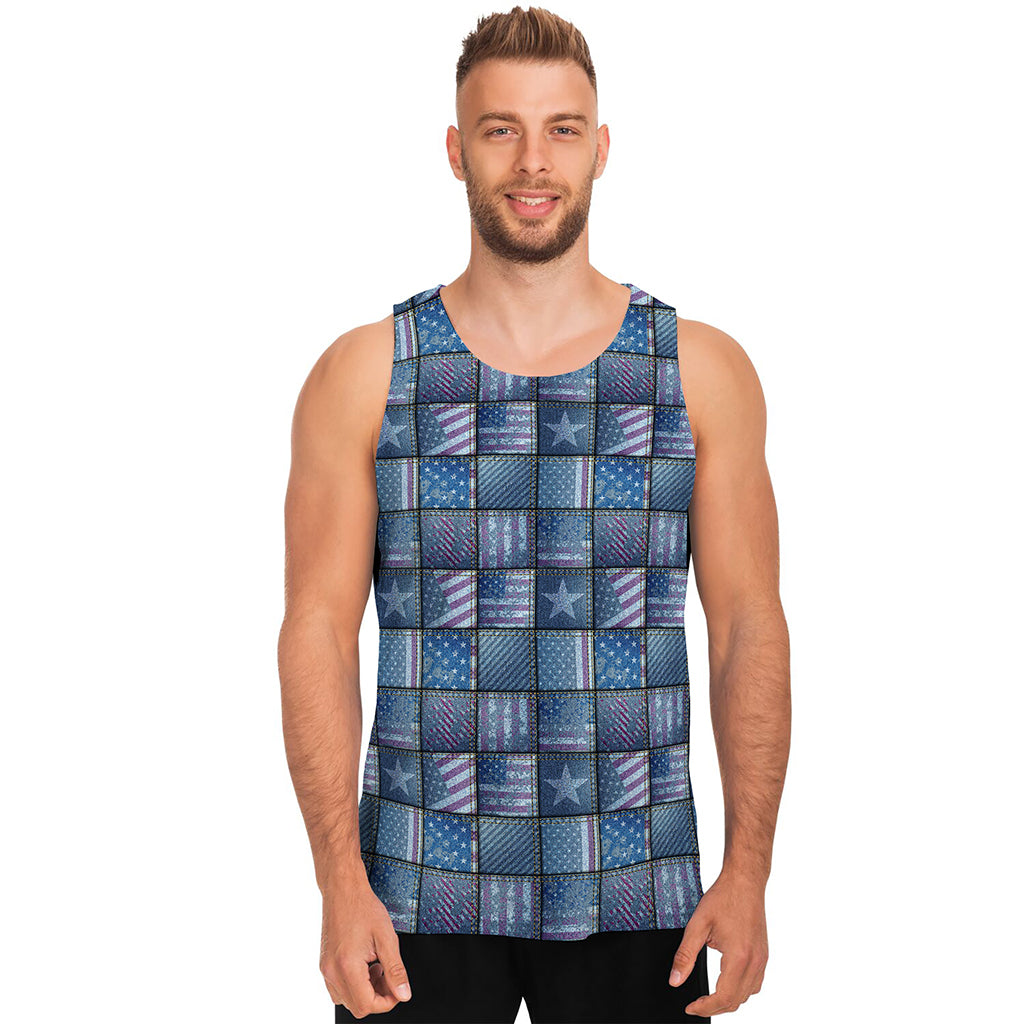 American Denim Patchwork Pattern Print Men's Tank Top