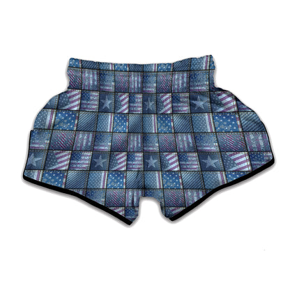 American Denim Patchwork Pattern Print Muay Thai Boxing Shorts