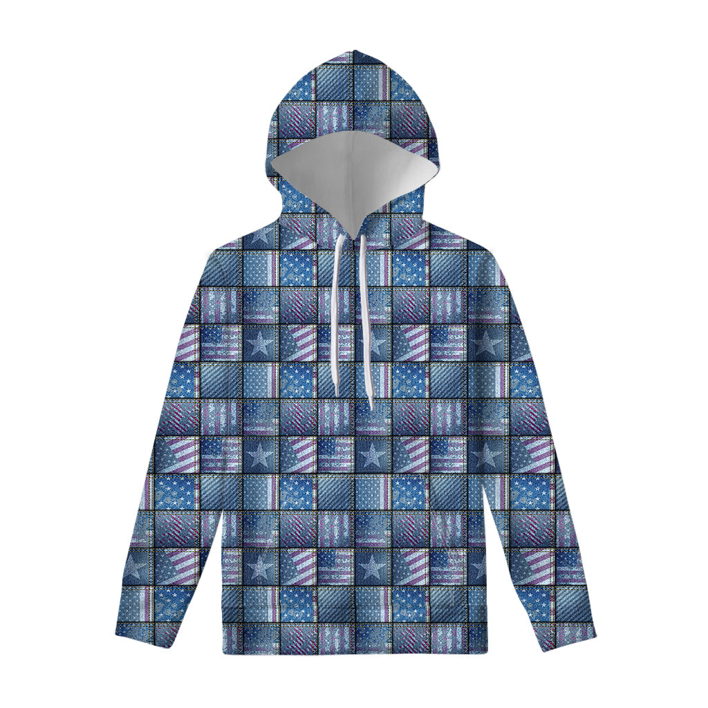 American Denim Patchwork Pattern Print Pullover Hoodie