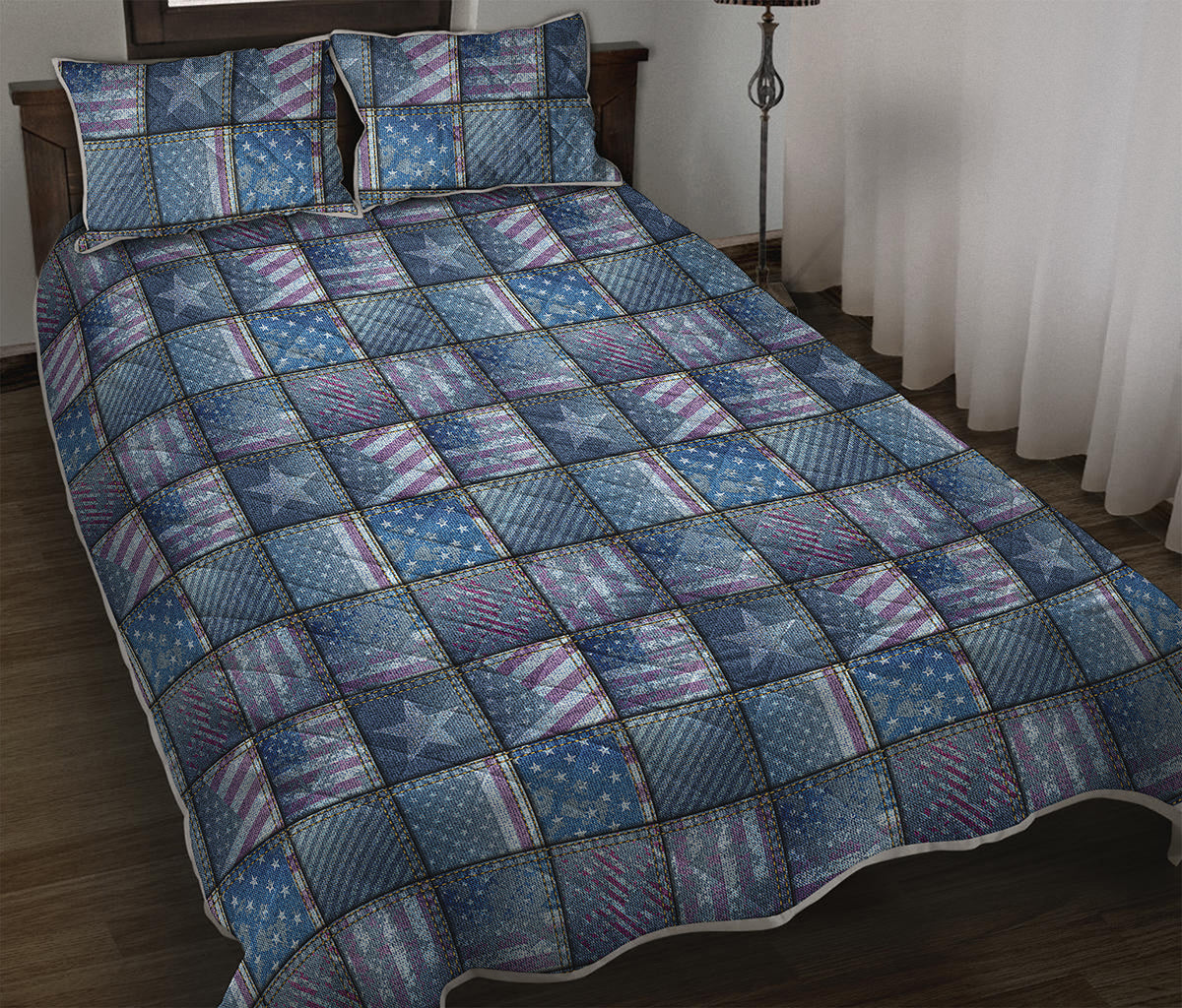 American Denim Patchwork Pattern Print Quilt Bed Set