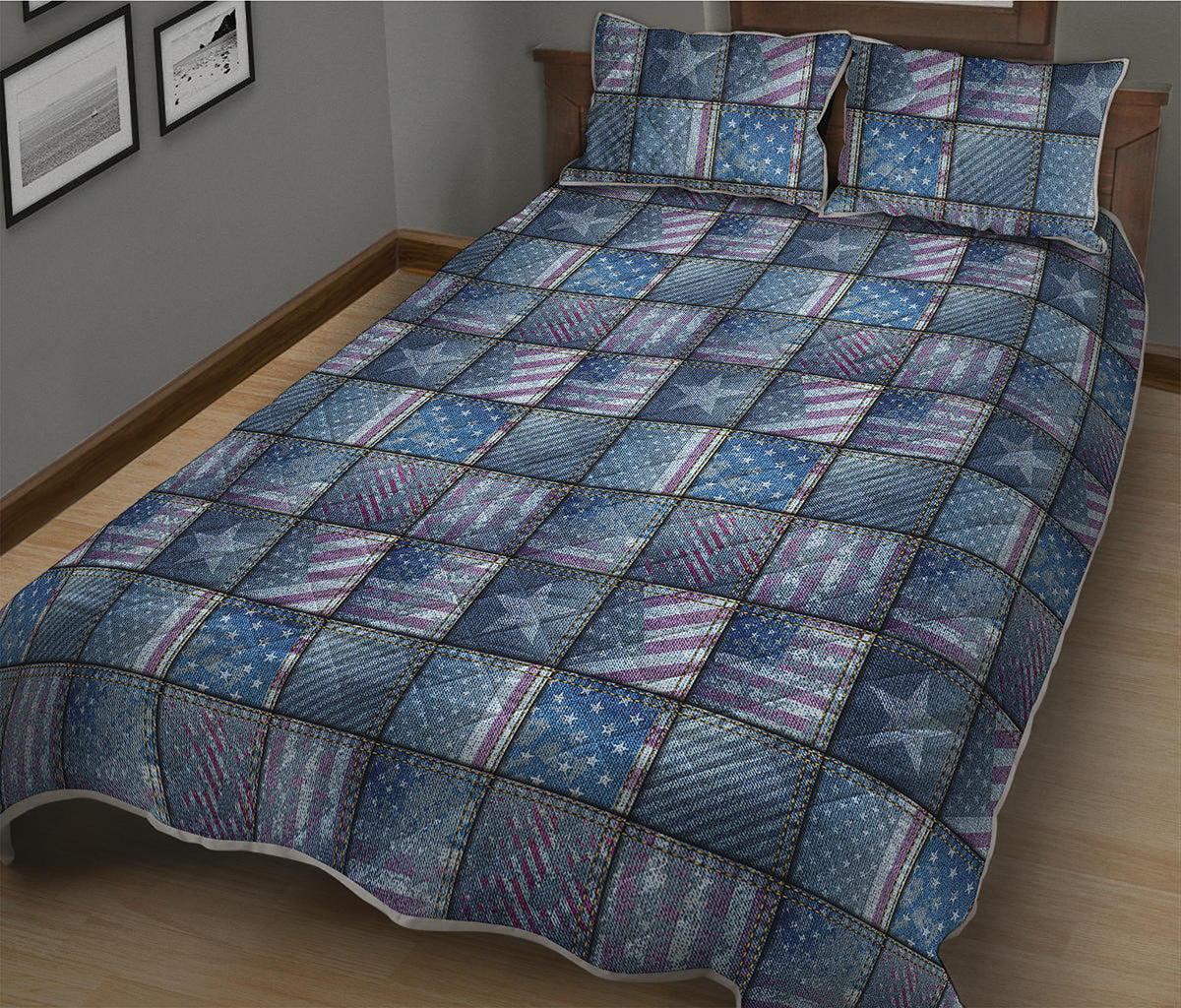 American Denim Patchwork Pattern Print Quilt Bed Set