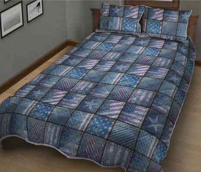 American Denim Patchwork Pattern Print Quilt Bed Set