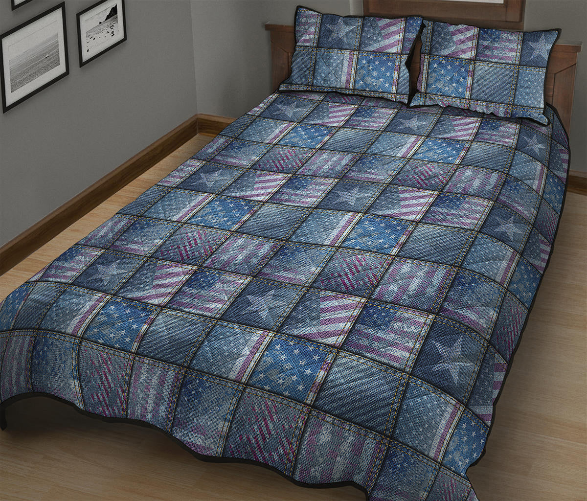 American Denim Patchwork Pattern Print Quilt Bed Set
