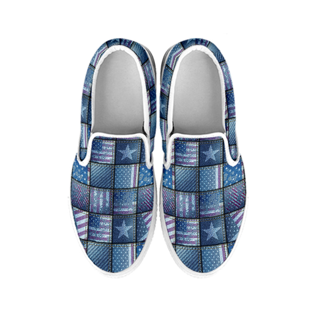 American Denim Patchwork Pattern Print White Slip On Shoes