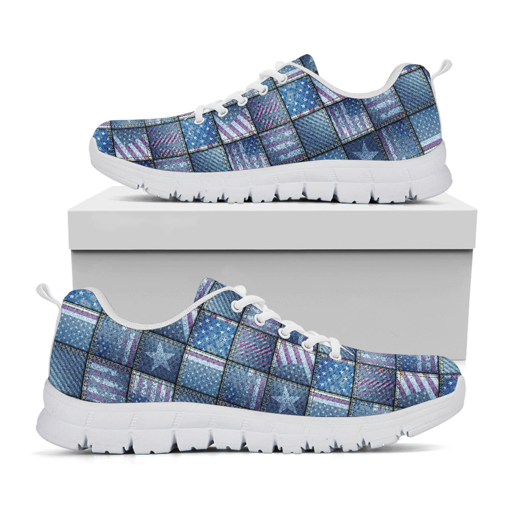 American Denim Patchwork Pattern Print White Sneakers