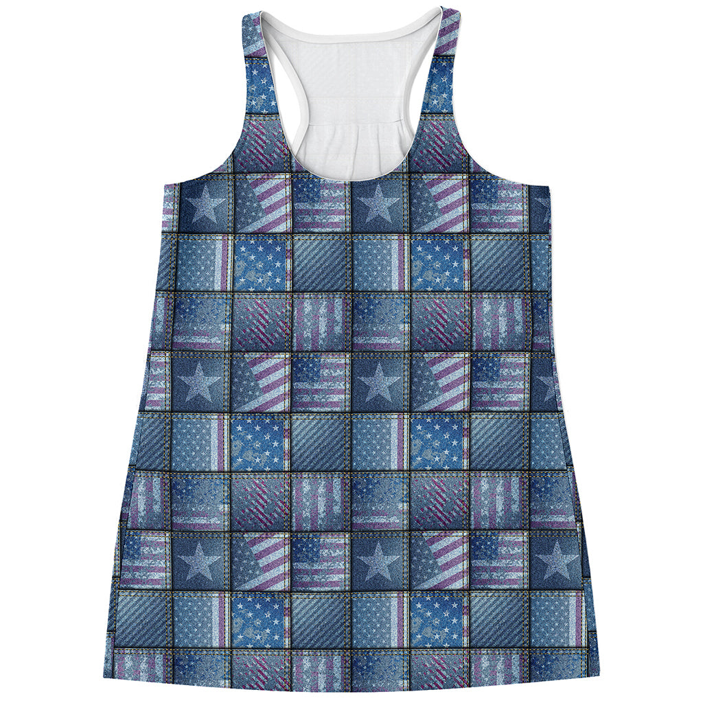 American Denim Patchwork Pattern Print Women's Racerback Tank Top