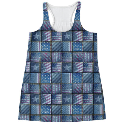 American Denim Patchwork Pattern Print Women's Racerback Tank Top