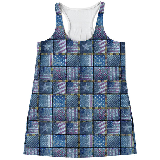 American Denim Patchwork Pattern Print Women's Racerback Tank Top