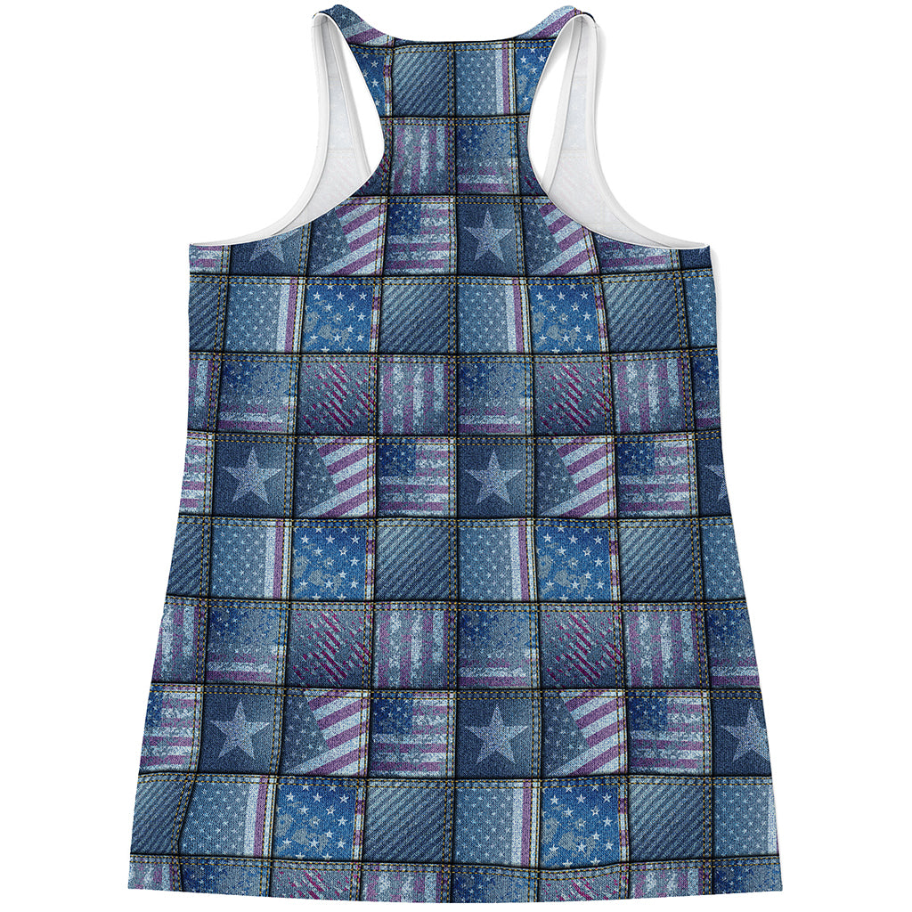 American Denim Patchwork Pattern Print Women's Racerback Tank Top