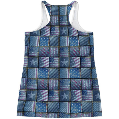 American Denim Patchwork Pattern Print Women's Racerback Tank Top
