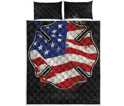 American Firefighter Emblem Print Quilt Bed Set