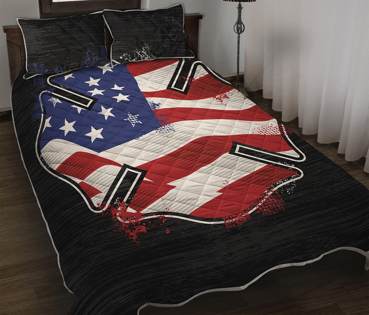 American Firefighter Emblem Print Quilt Bed Set