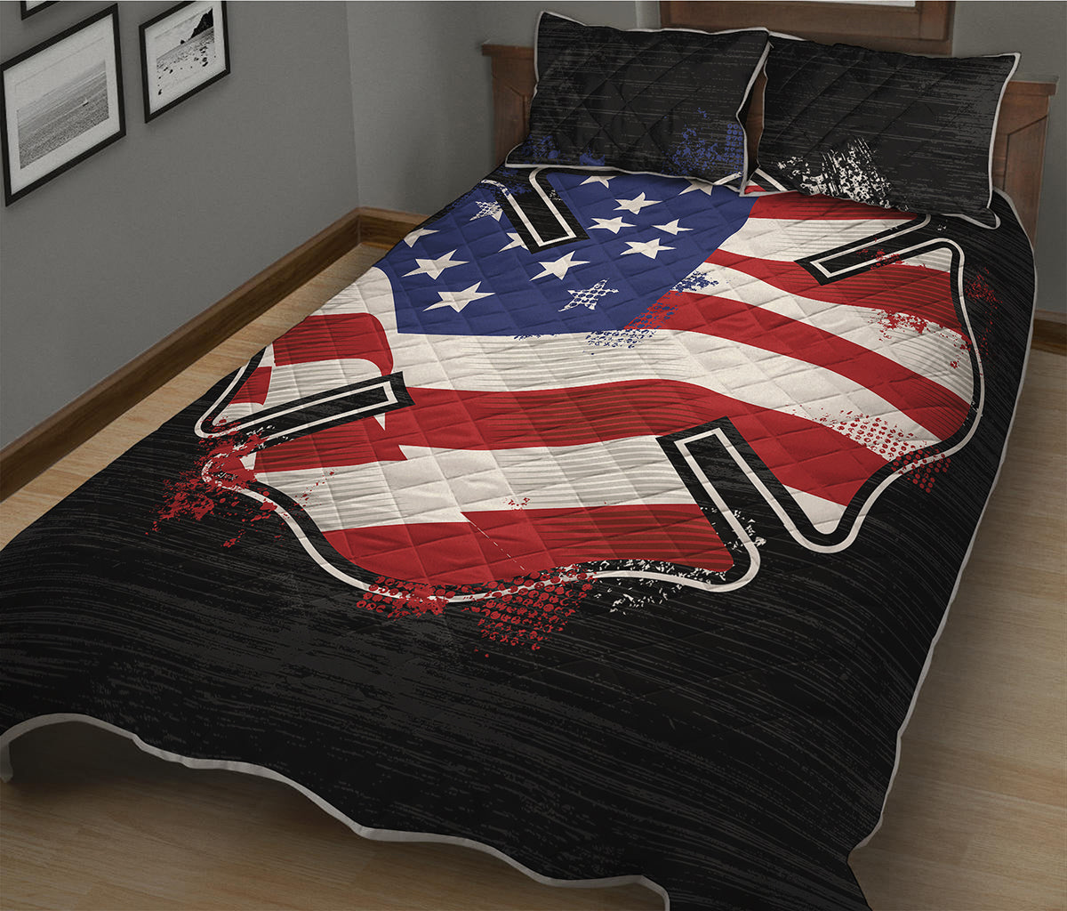 American Firefighter Emblem Print Quilt Bed Set