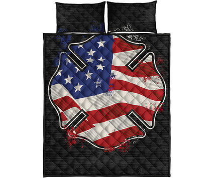 American Firefighter Emblem Print Quilt Bed Set