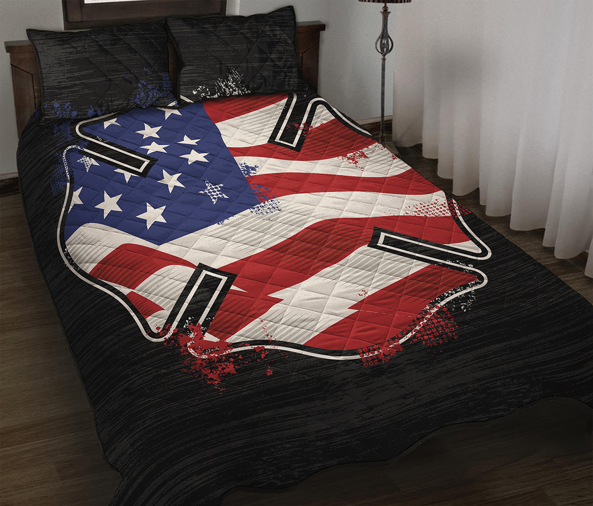 American Firefighter Emblem Print Quilt Bed Set