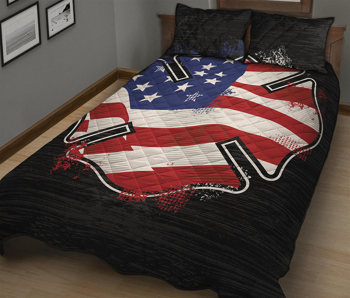 American Firefighter Emblem Print Quilt Bed Set