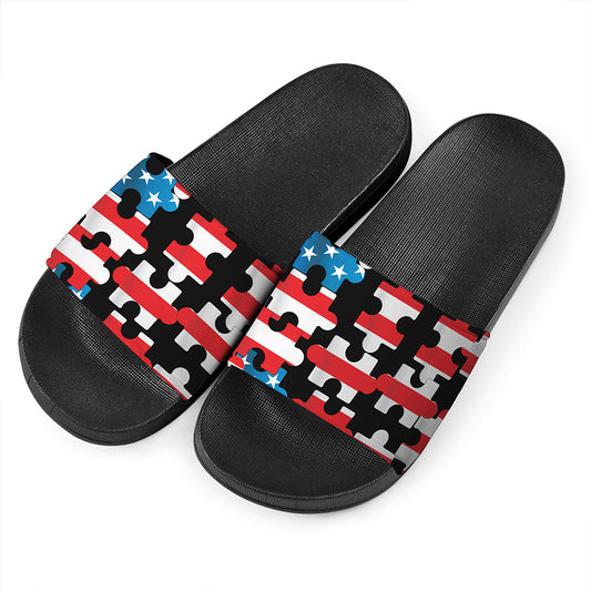 American Flag Jigsaw Puzzle Print Black Slide Sandals