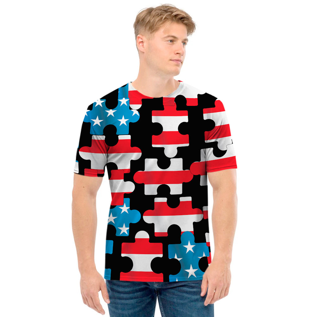 American Flag Jigsaw Puzzle Print Men's T-Shirt