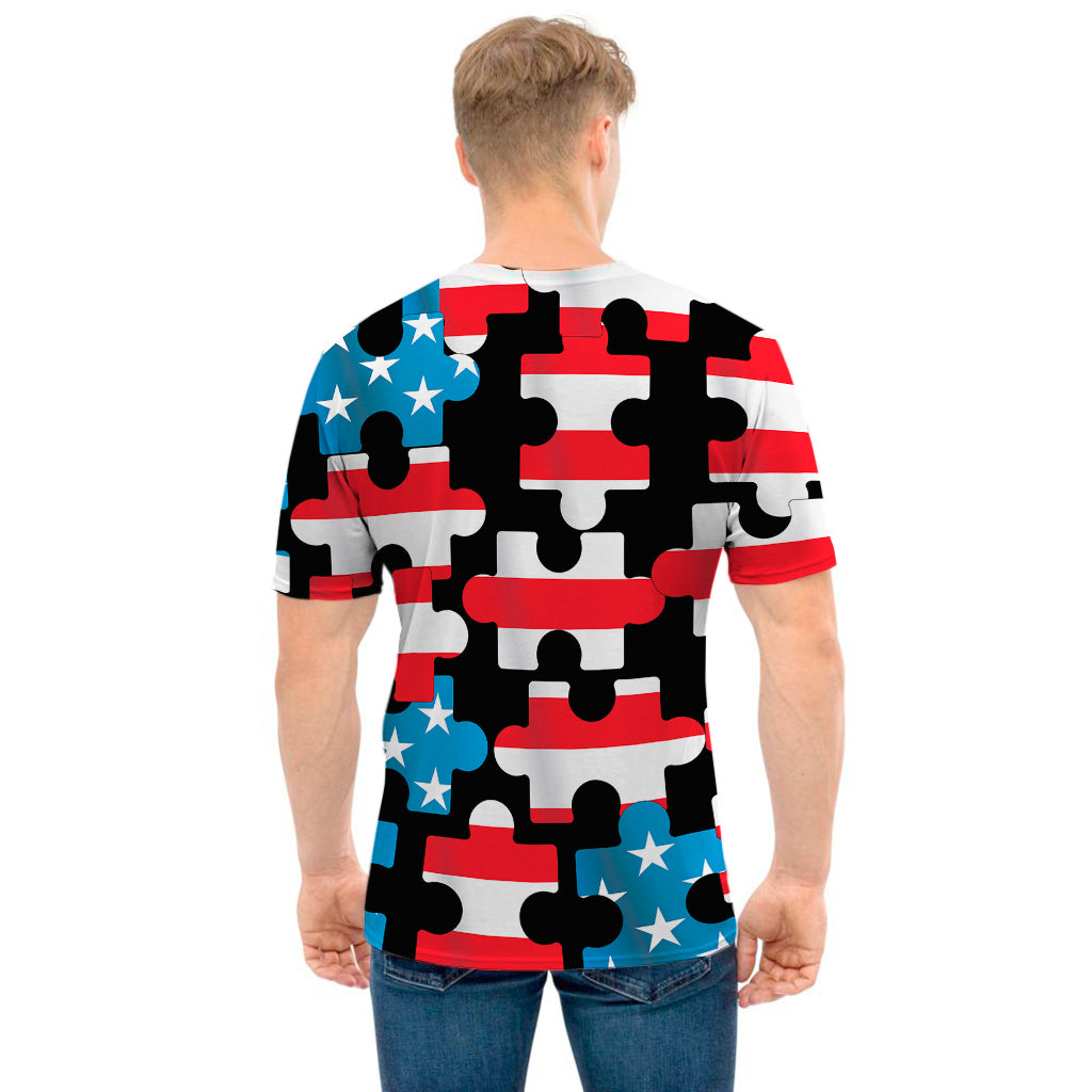 American Flag Jigsaw Puzzle Print Men's T-Shirt