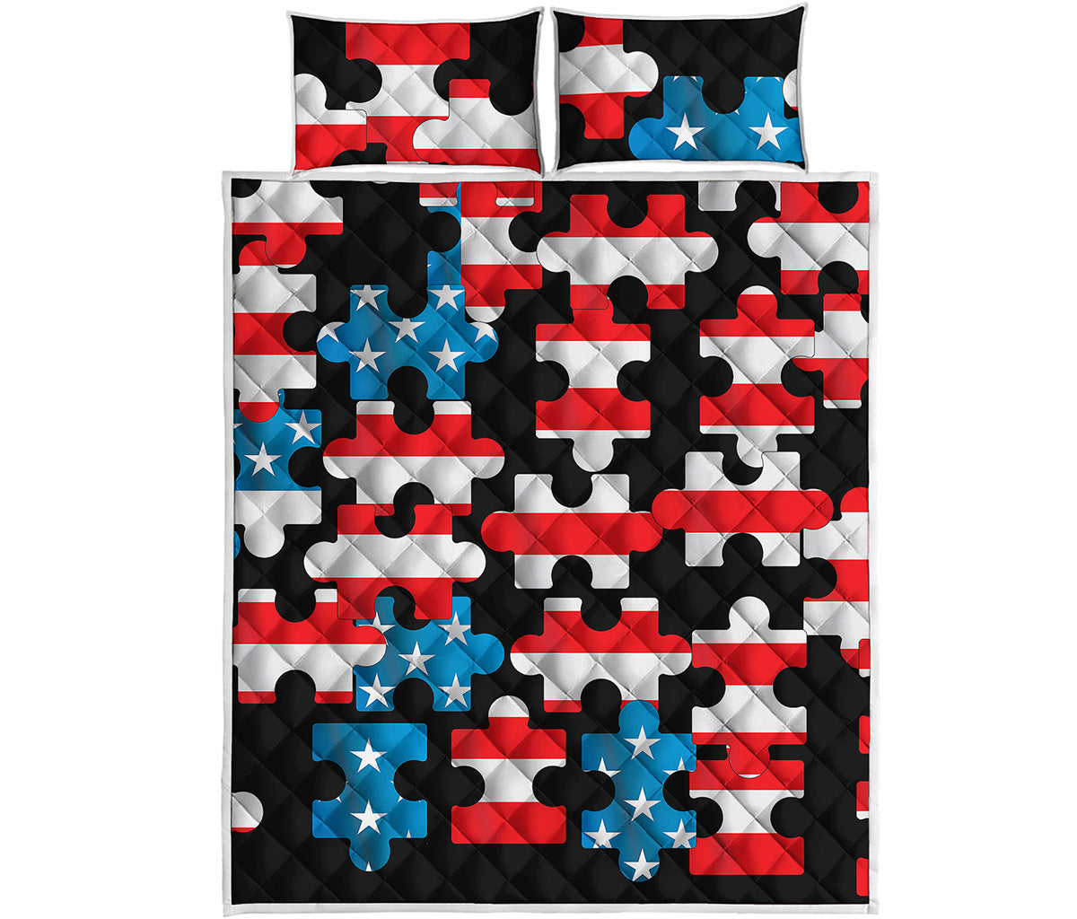 American Flag Jigsaw Puzzle Print Quilt Bed Set