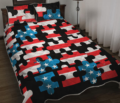 American Flag Jigsaw Puzzle Print Quilt Bed Set
