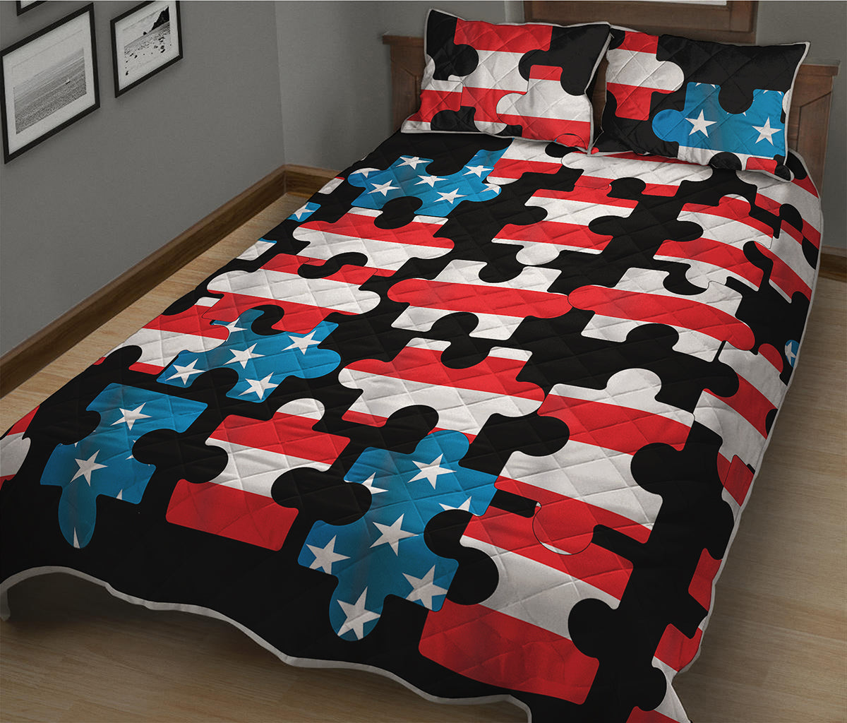 American Flag Jigsaw Puzzle Print Quilt Bed Set