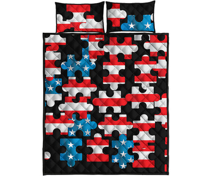 American Flag Jigsaw Puzzle Print Quilt Bed Set
