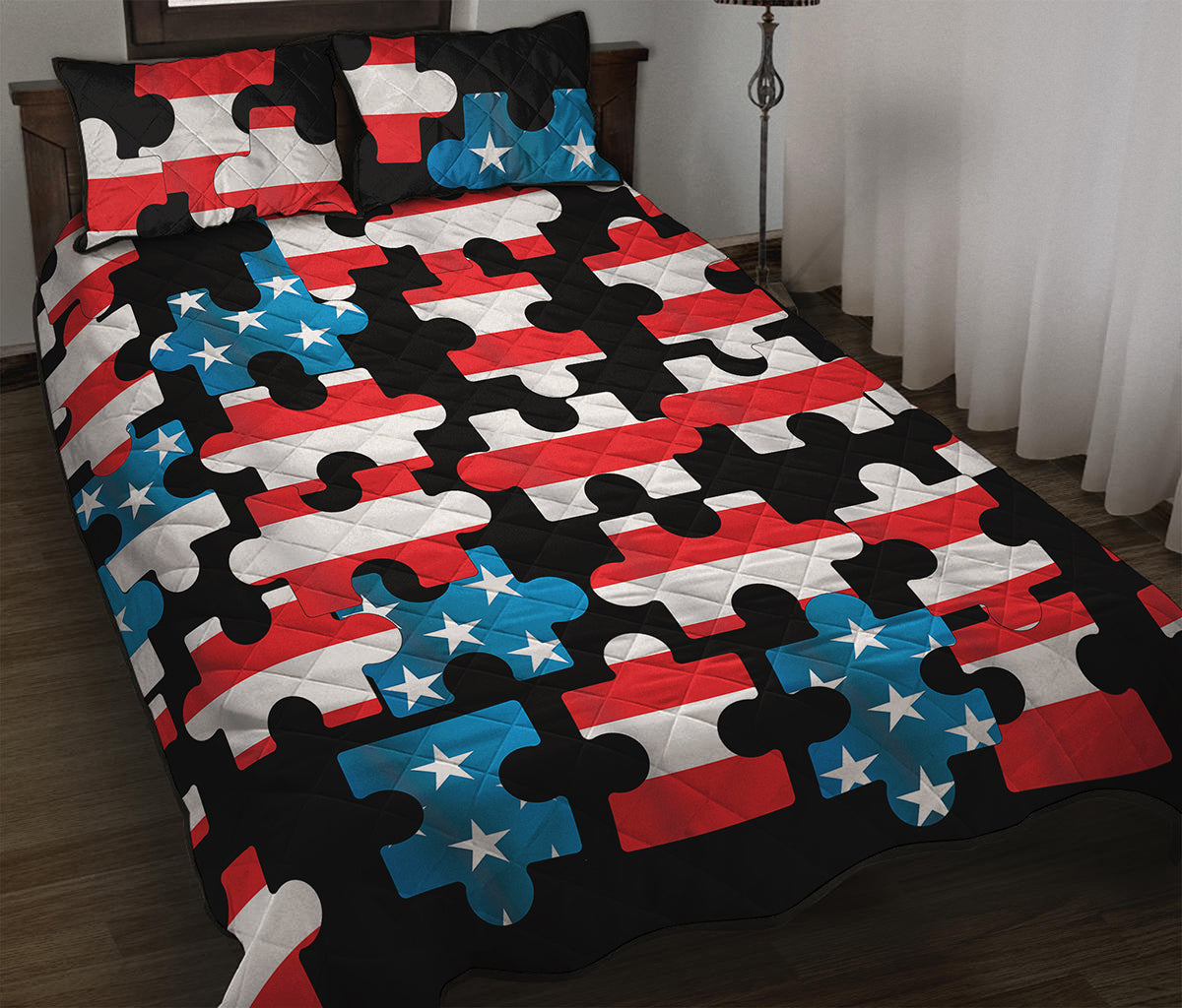 American Flag Jigsaw Puzzle Print Quilt Bed Set