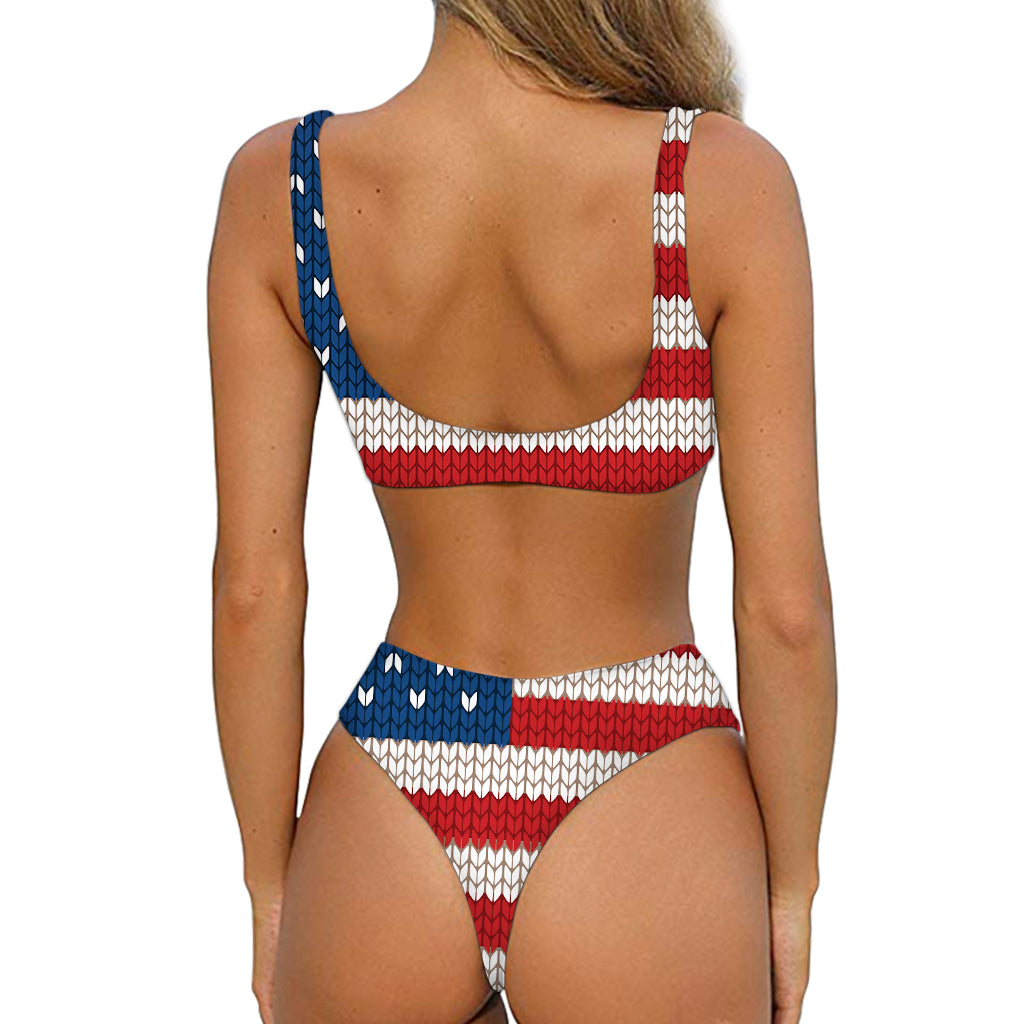 American Flag Knitted Print Front Bow Tie Bikini