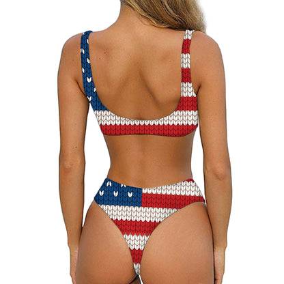 American Flag Knitted Print Front Bow Tie Bikini