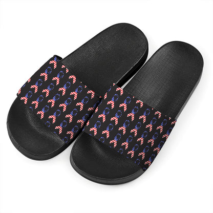 American Flag Ribbon Pattern Print Black Slide Sandals