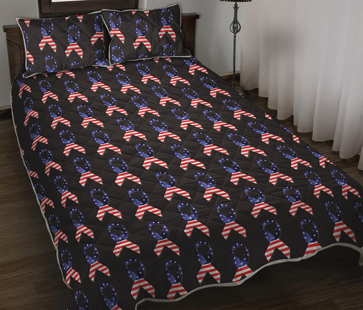 American Flag Ribbon Pattern Print Quilt Bed Set