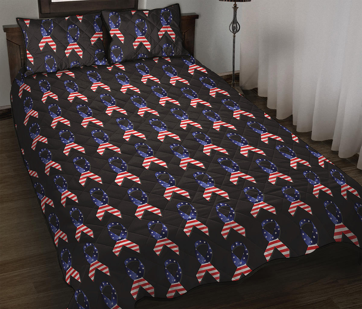 American Flag Ribbon Pattern Print Quilt Bed Set