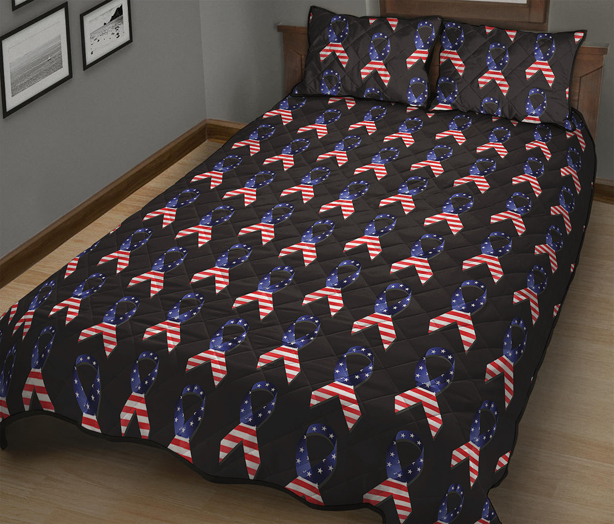 American Flag Ribbon Pattern Print Quilt Bed Set