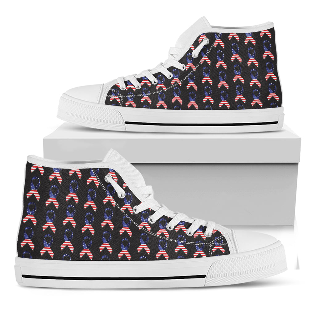 American Flag Ribbon Pattern Print White High Top Shoes