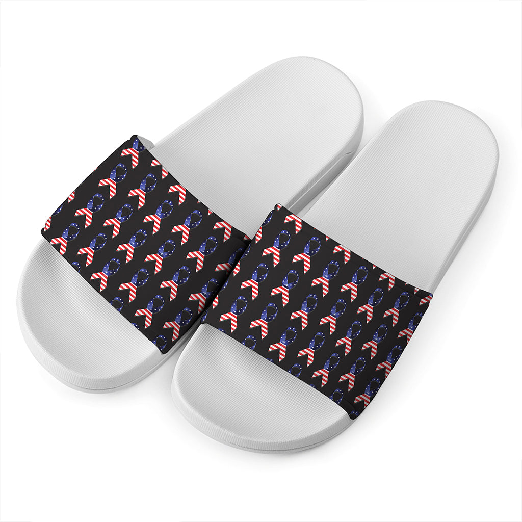 American Flag Ribbon Pattern Print White Slide Sandals