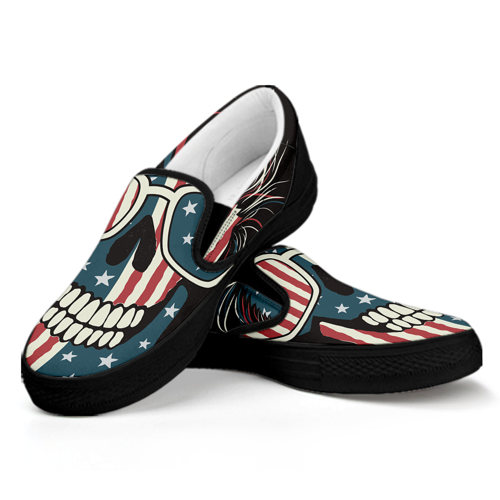 American Flag Skull Print Black Slip On Shoes