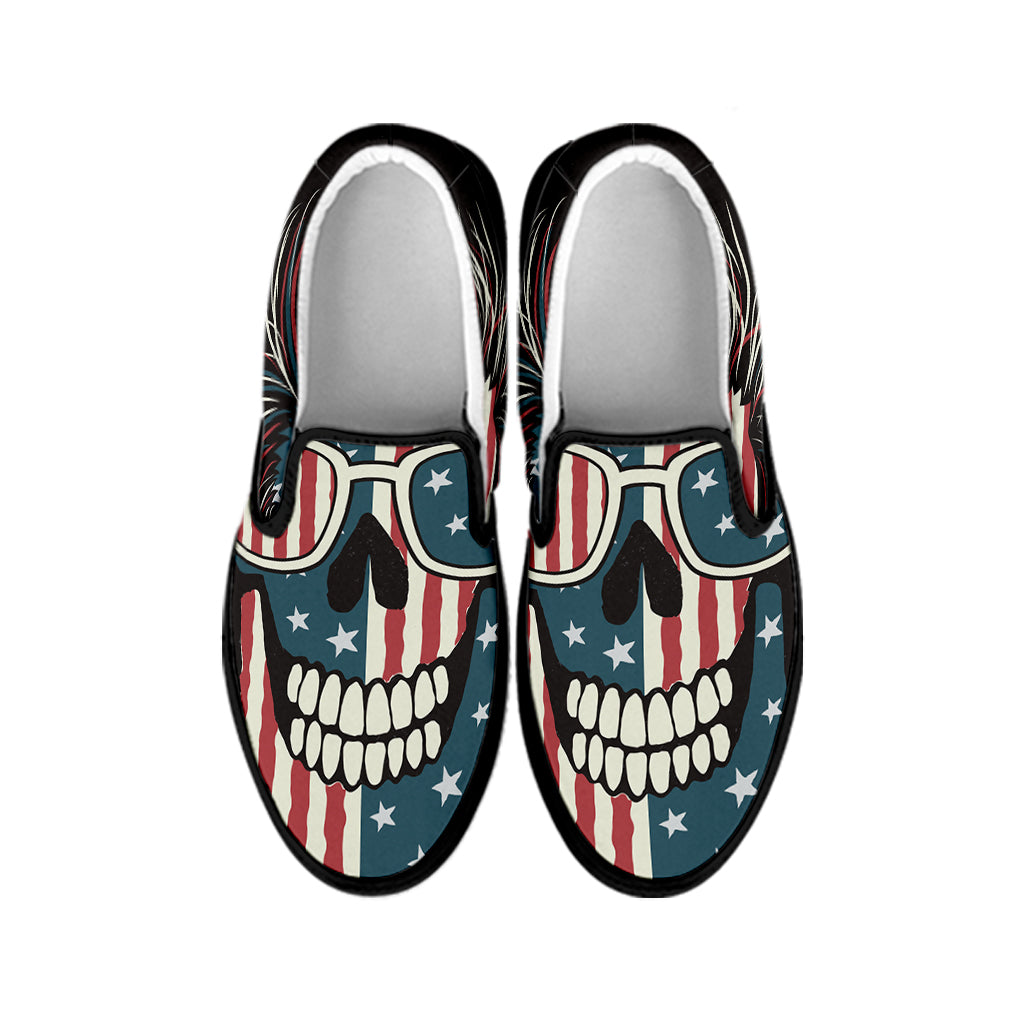 American Flag Skull Print Black Slip On Shoes