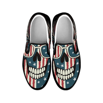 American Flag Skull Print Black Slip On Shoes