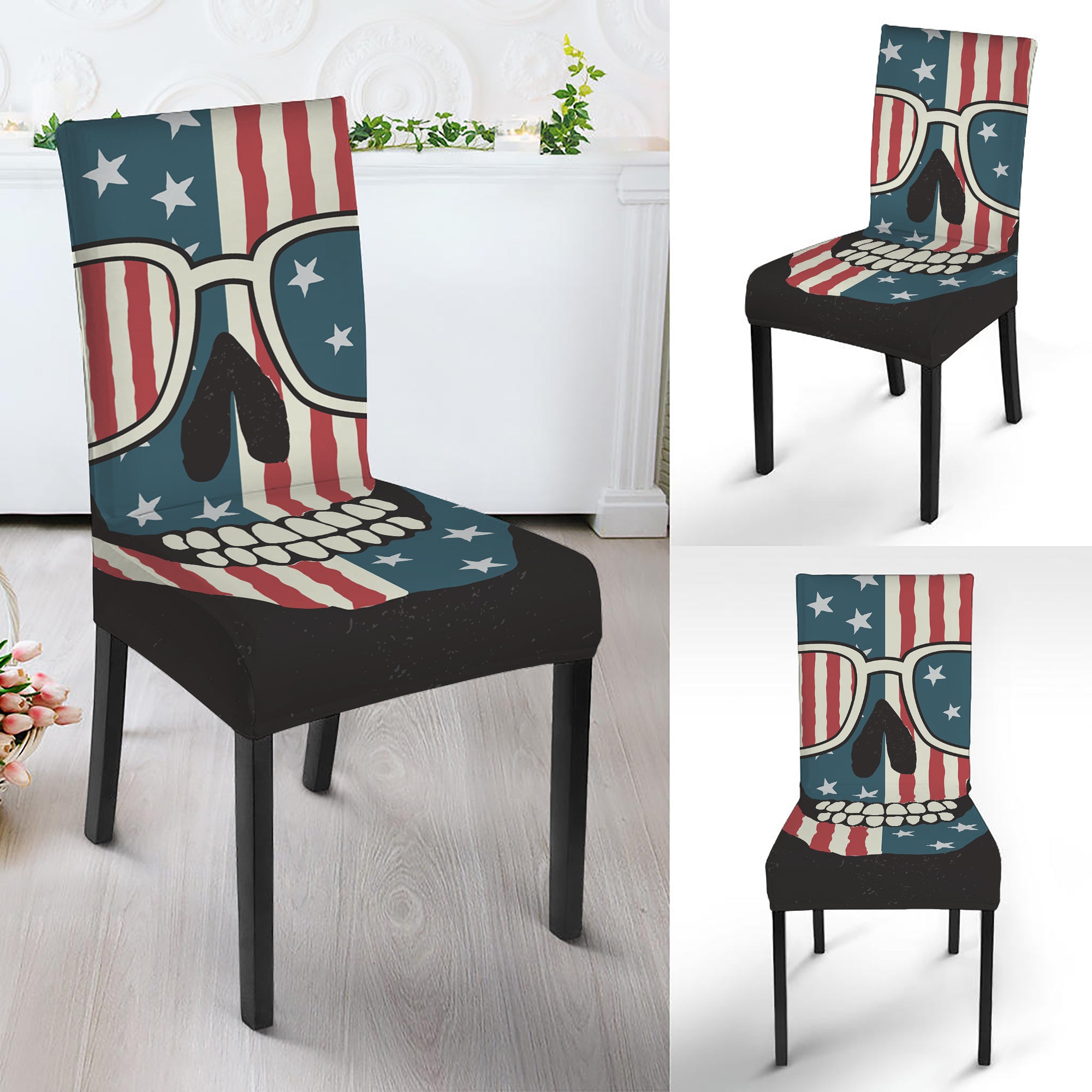 American Flag Skull Print Dining Chair Slipcover