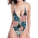 American Flag Skull Print High Cut One Piece Swimsuit