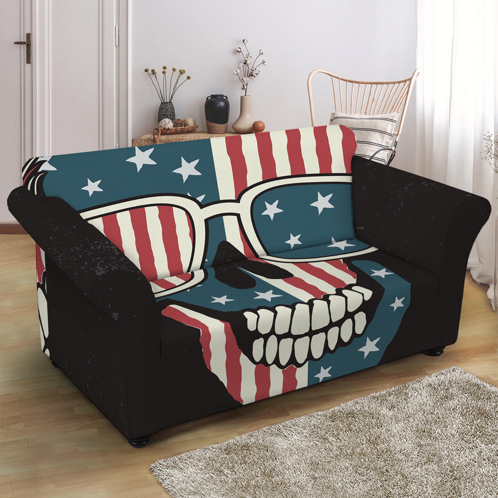 American Flag Skull Print Loveseat Slipcover