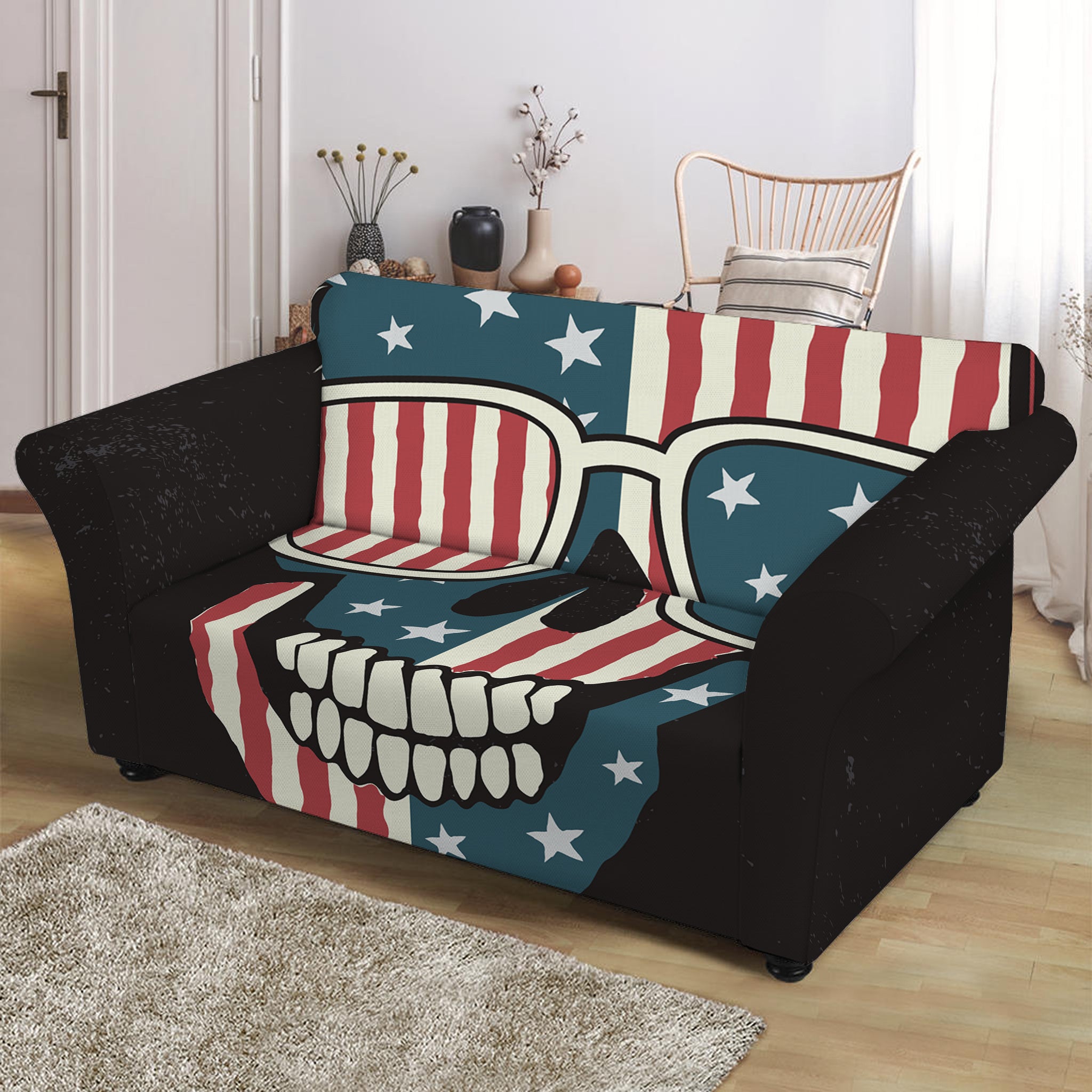 American Flag Skull Print Loveseat Slipcover