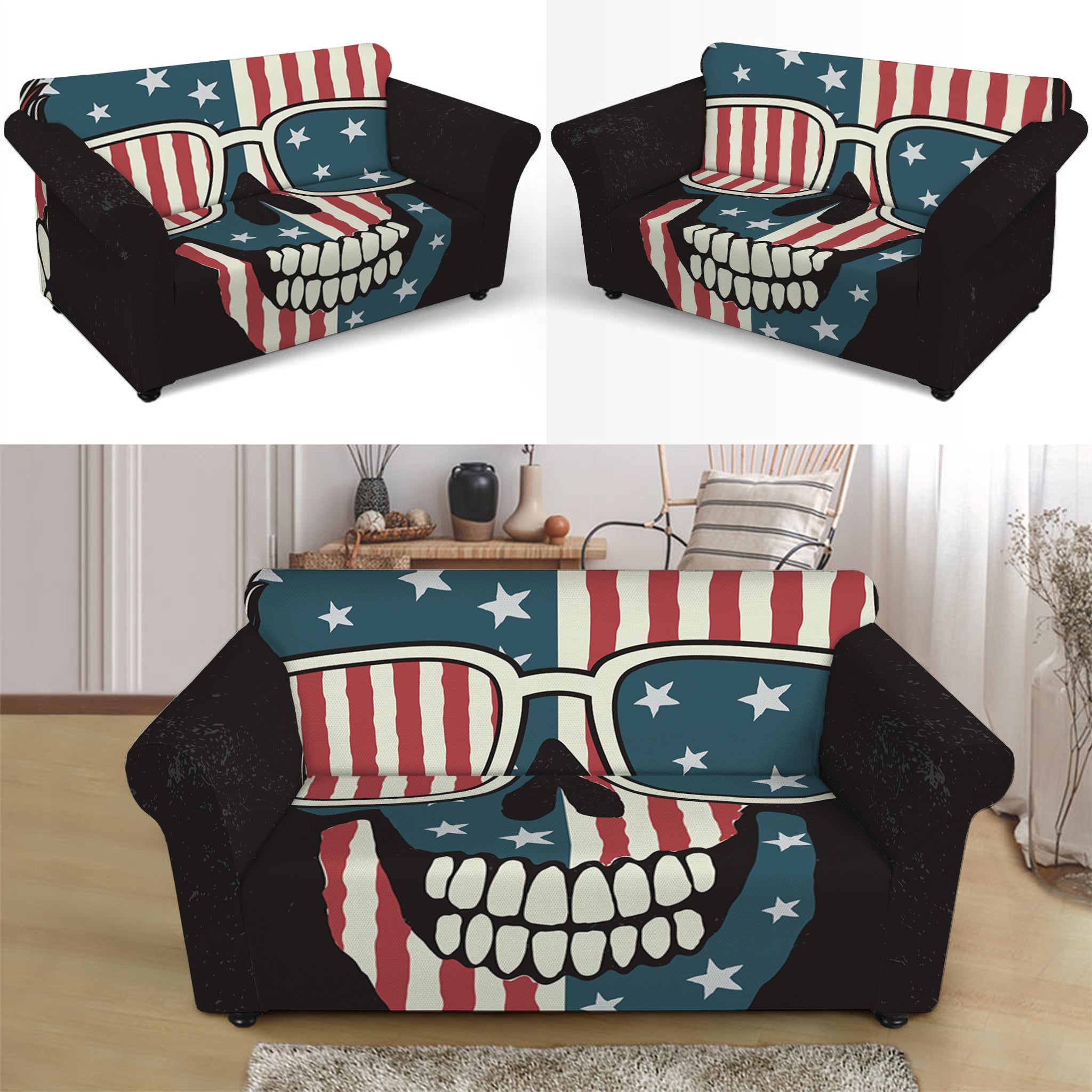 American Flag Skull Print Loveseat Slipcover