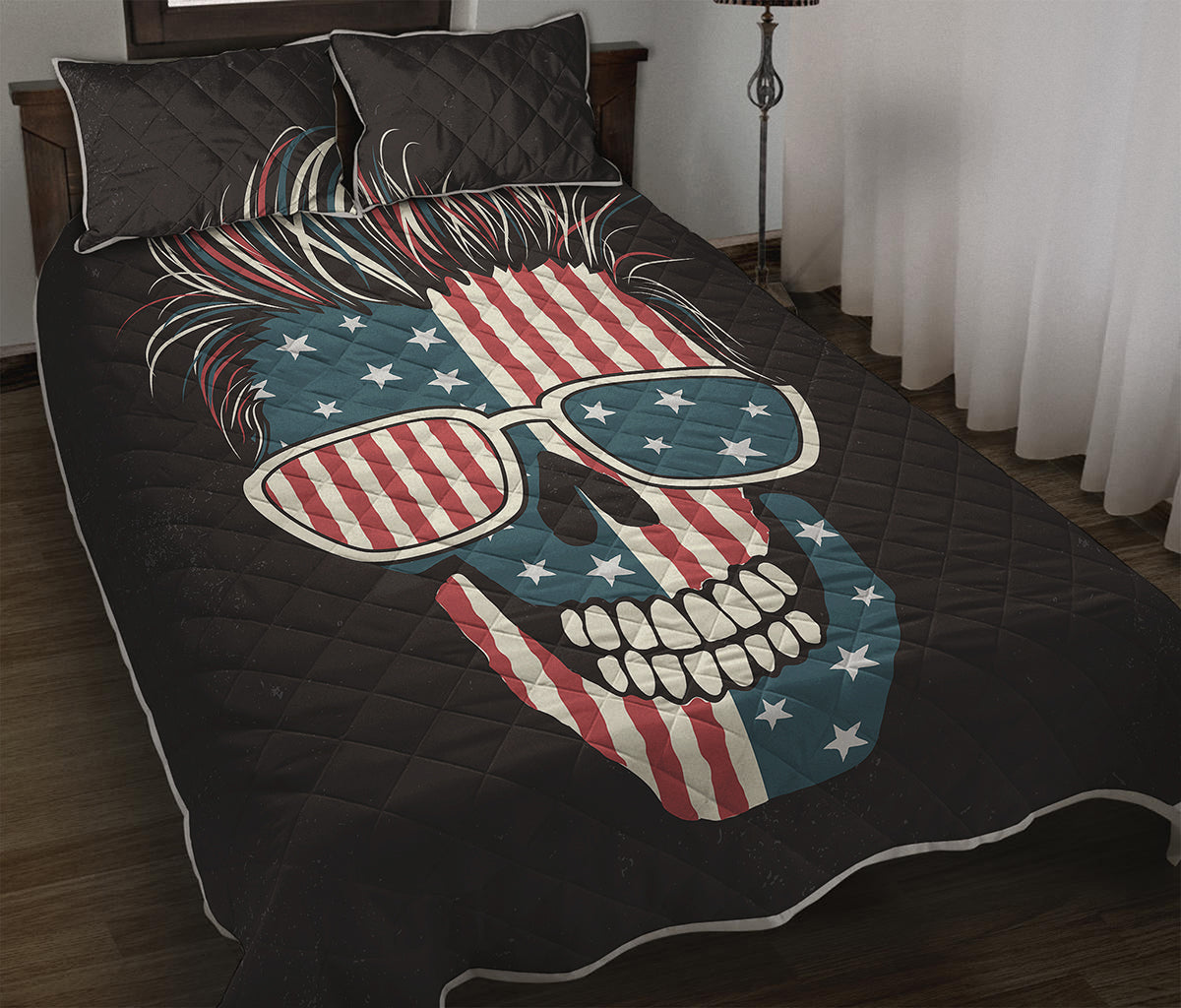 American Flag Skull Print Quilt Bed Set