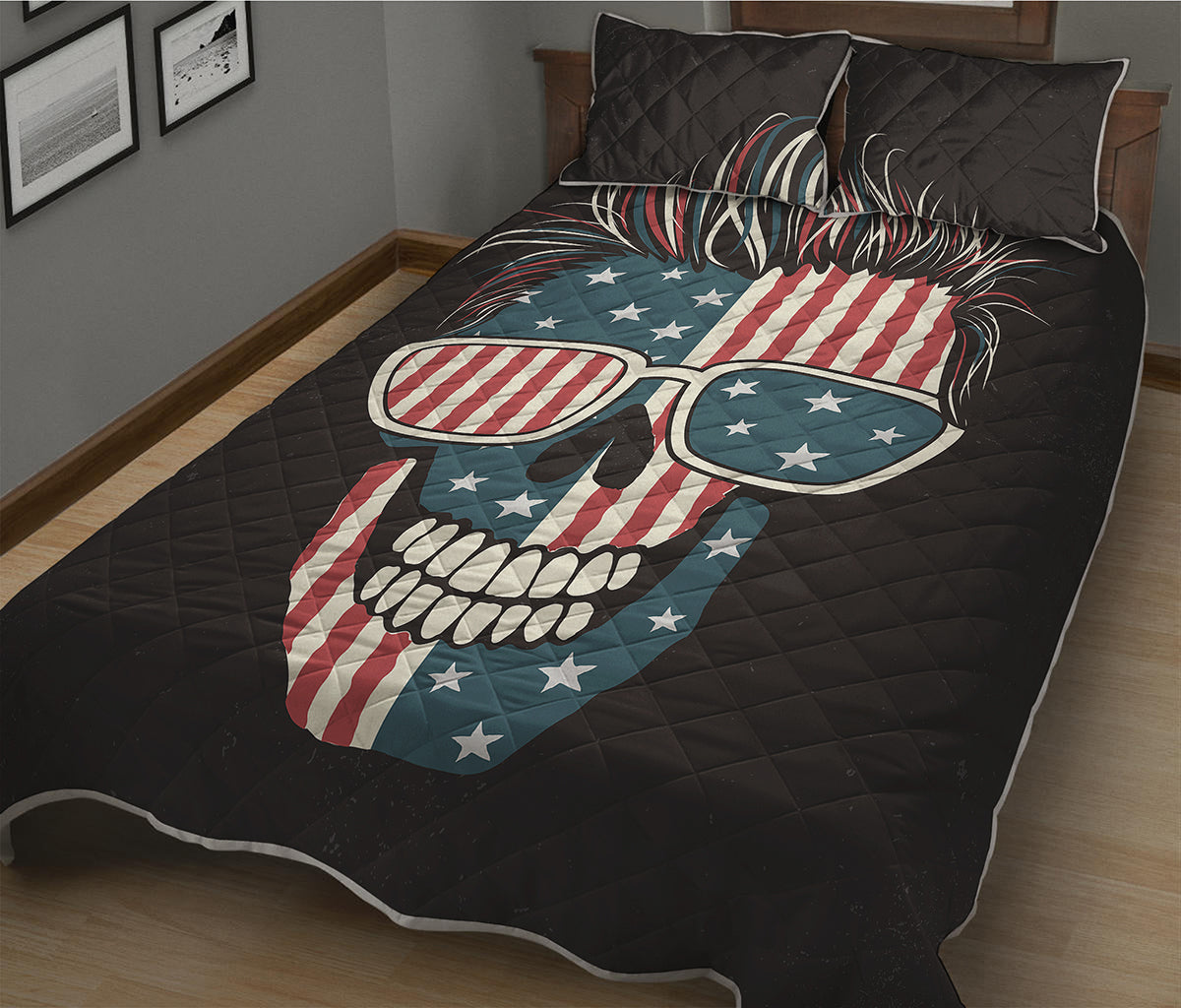 American Flag Skull Print Quilt Bed Set