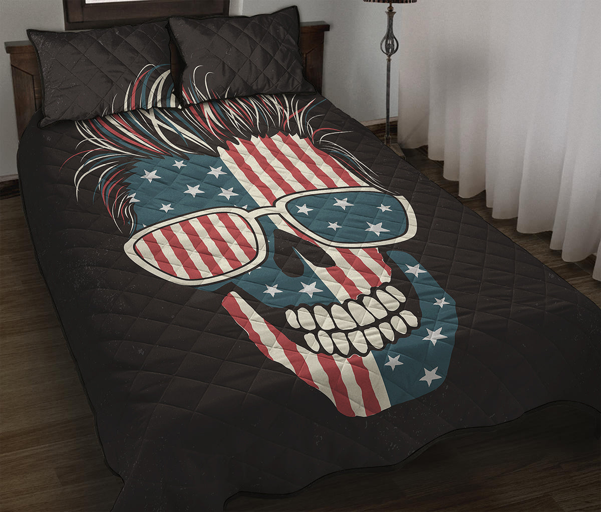 American Flag Skull Print Quilt Bed Set