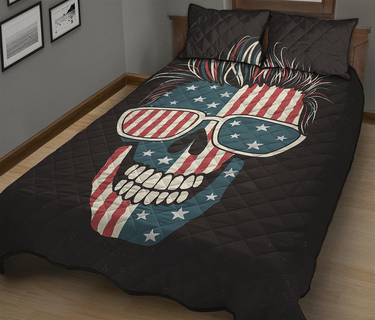 American Flag Skull Print Quilt Bed Set