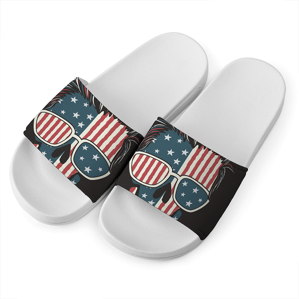 American Flag Skull Print White Slide Sandals