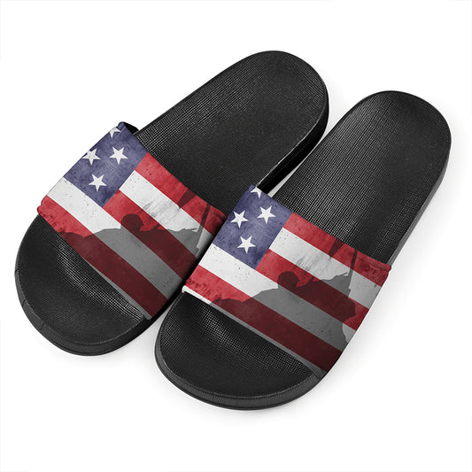 American Flag War Memorial Print Black Slide Sandals